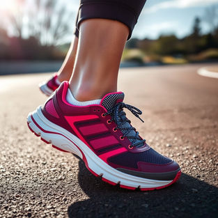 Close-up of a person wearing vibrant pink and navy sneakers on a sunlit road, suggesting movement or jogging. Urban background blurs.
