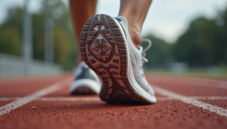 Eye-level view of Asics Gel-Kayano 32 on a running track showing tread and sole design