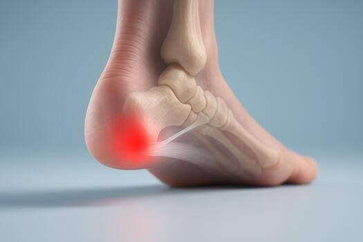 Side view of a human foot and ankle with a red glowing heel indicating pain, on a plain blue background