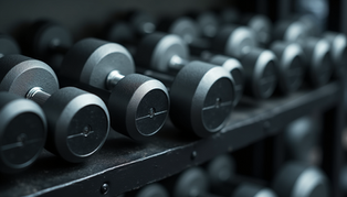 Close-up of hand weights stacked on their racks
