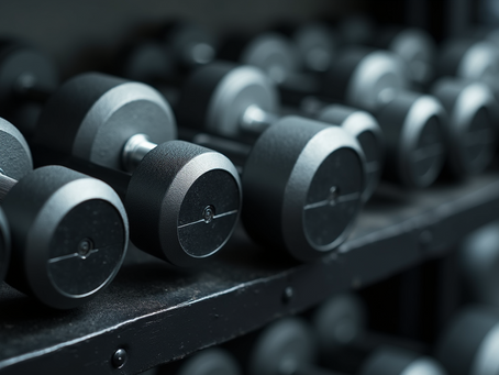 Close-up of hand weights stacked on their racks