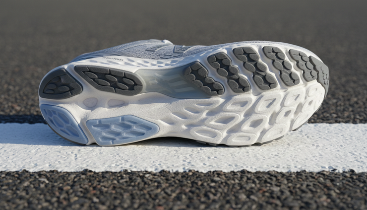 Close-up of a white running shoe sole resting on an asphalt track beside a painted white line.