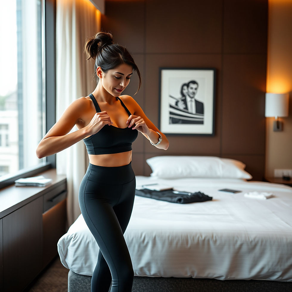 Woman in black workout attire adjusting top in a modern bedroom with a large bed and window. Black-and-white photo on the wall. Cozy mood.
