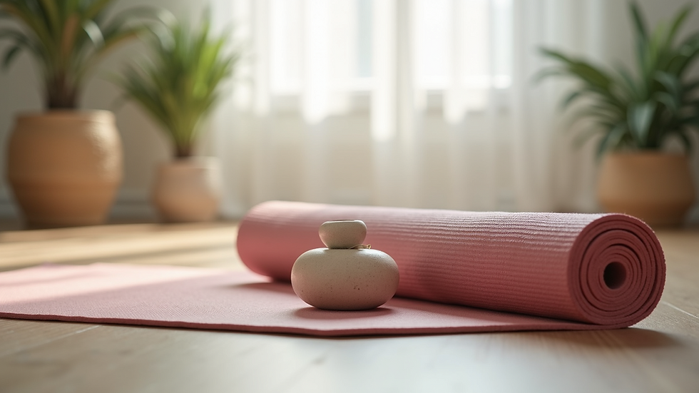 Close-up view of yoga mat with calming accessories