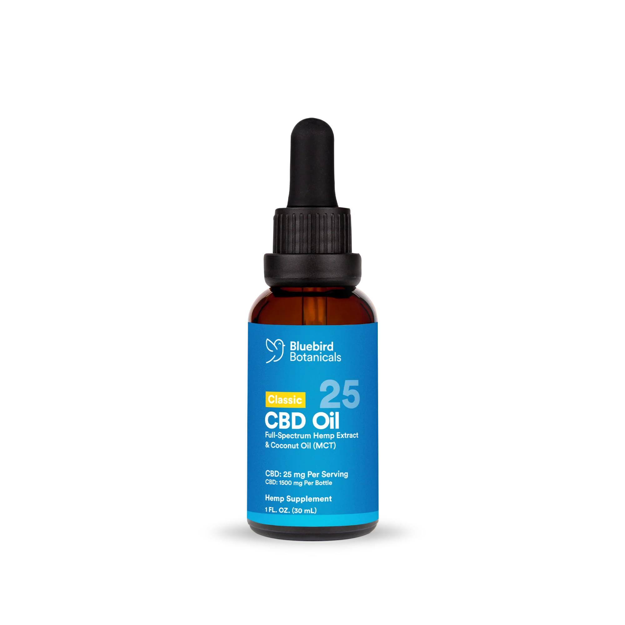 Bluebird Botanicals Classic 25 CBD oil dropper bottle on black background, blue label with product details.