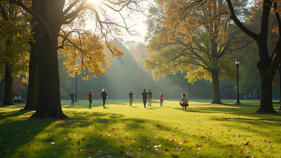 Wide angle view of a tranquil park featuring people engaged in physical activity