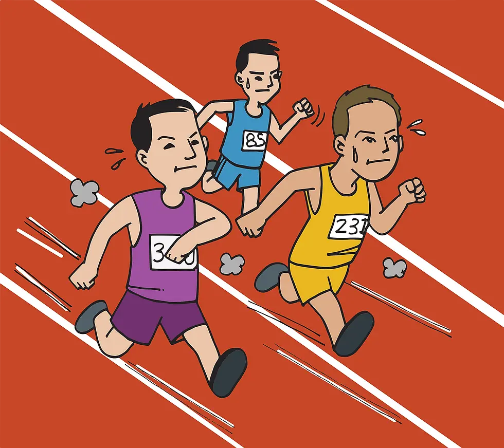 Three cartoon runners sprint on a red track. They wear numbered vests: 340 (purple), 85 (blue), 237 (yellow). Determined expressions.
