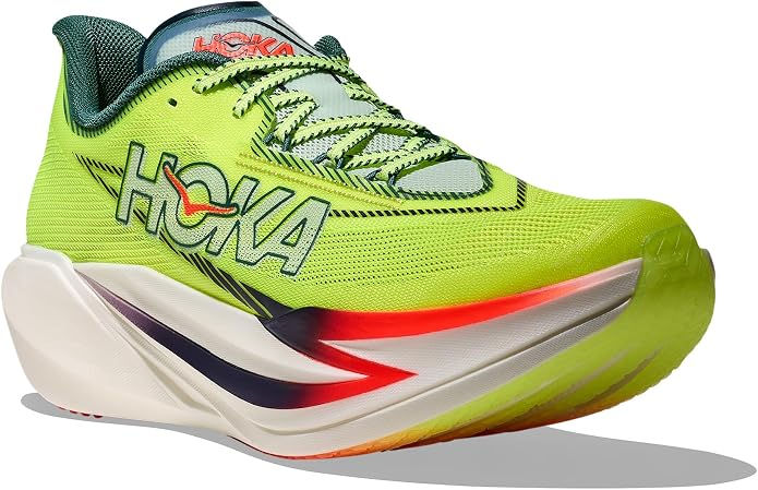 Lime green HOKA running shoe with white sole and red-purple accents on a white background.