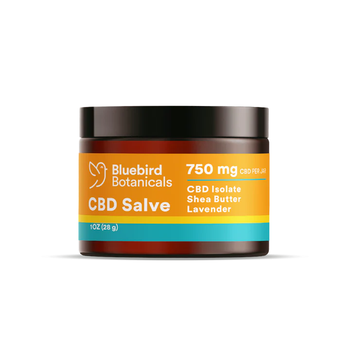 Bluebird Botanicals CBD Salve jar on black background, orange label with 750 mg CBD per jar, CBD isolate, shea butter, lavender