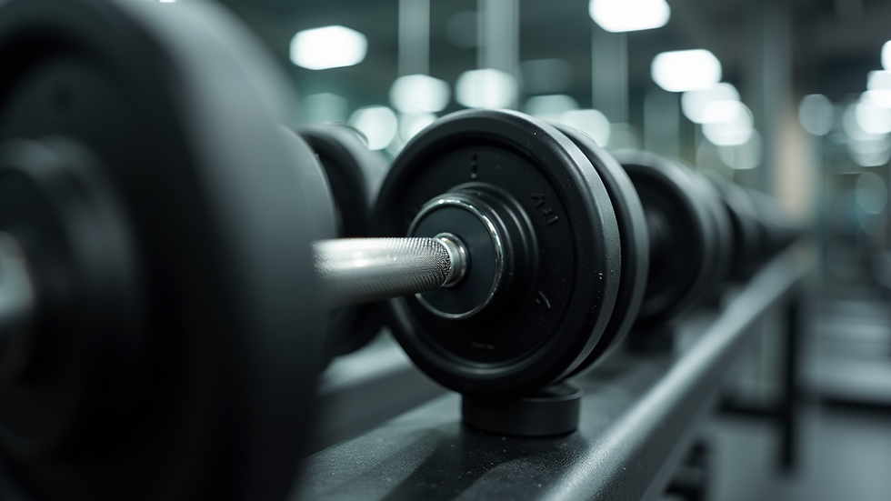 Close-up view of adjustable dumbbells arranged on a rack in a home gym