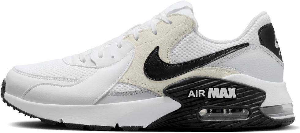 White sneaker with black Nike Swoosh, visible air cushion, and "AIR MAX" text on the heel. Mesh and leather textures.