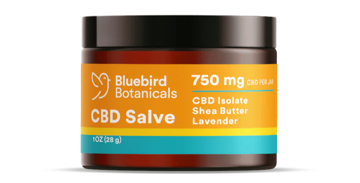 Brown jar of Bluebird Botanicals CBD Salve with orange label, 750 mg, featuring CBD Isolate, Shea Butter, Lavender. Text: 1 oz (28g).
