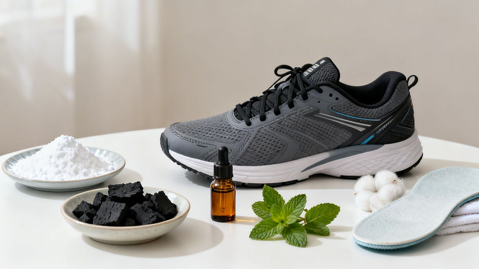 Gray running shoe on a white table with charcoal, mint leaves, cotton, powder, insoles, and an amber dropper bottle around it.