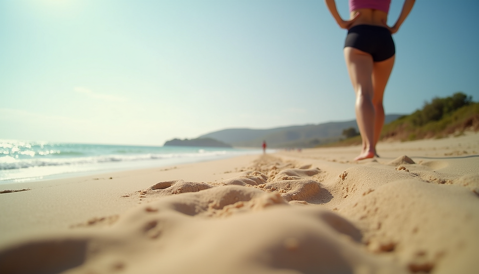 Person standing on a sunny beach, hands on hips, looking at the ocean. Sandy foreground, distant figure walking, hills in background.