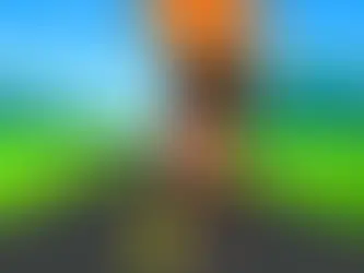 Person in orange jacket running on a road with green fields and hills, under a clear blue sky. Vibrant colors, dynamic mood.