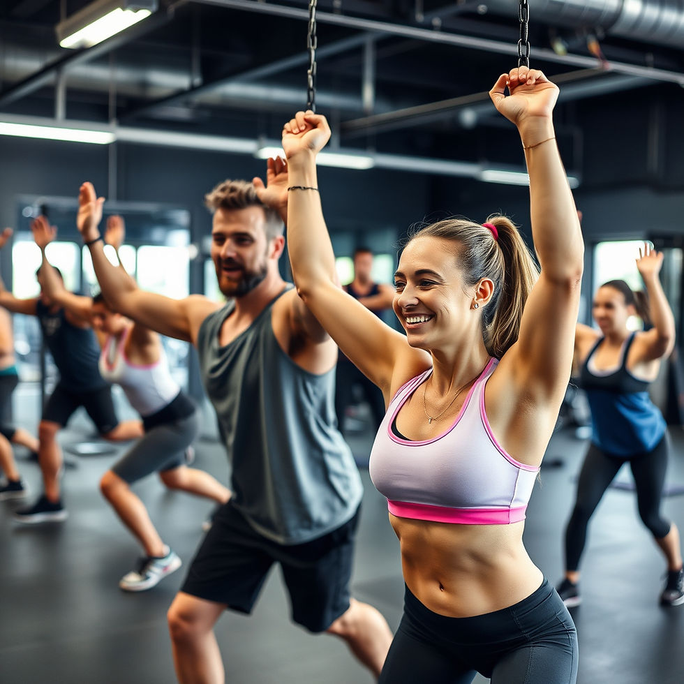People exercising in a gym, smiling and raising arms. Bright athletic wear contrasts with the dark, industrial setting, creating an energetic mood.