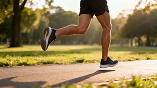 Close-up of a person's legs running on a park path during golden hour.