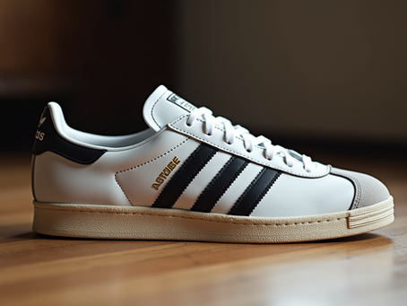 Close-up side view of Adidas Samba sneaker on wooden floor