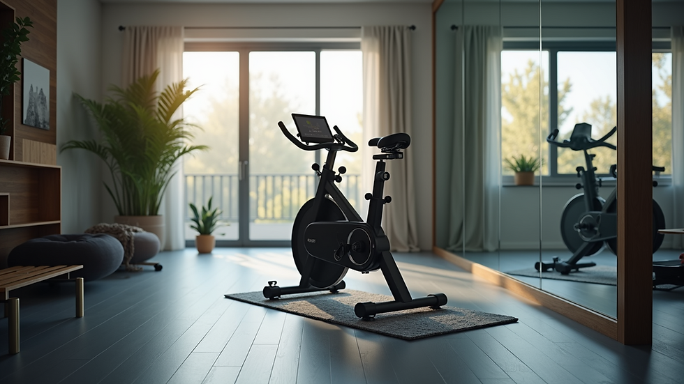 High angle view of a smart exercise bike in a modern home gym