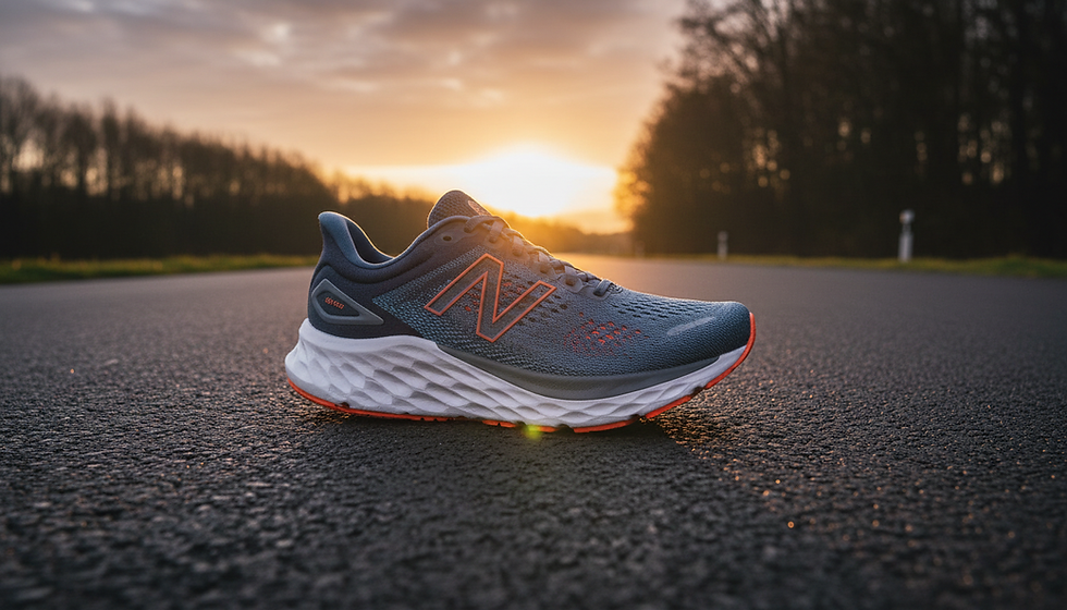 Blue New Balance running shoe on a road at sunset, with orange accents and a warm, calm outdoor scene.
