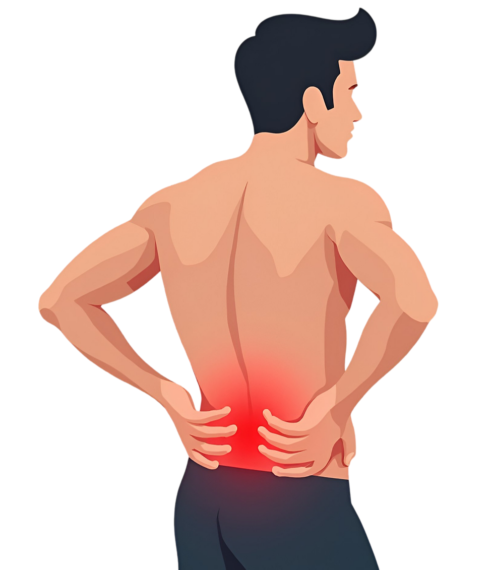 Shirtless man with dark hair holds his lower back, highlighted in red, suggesting pain. Minimalistic background.