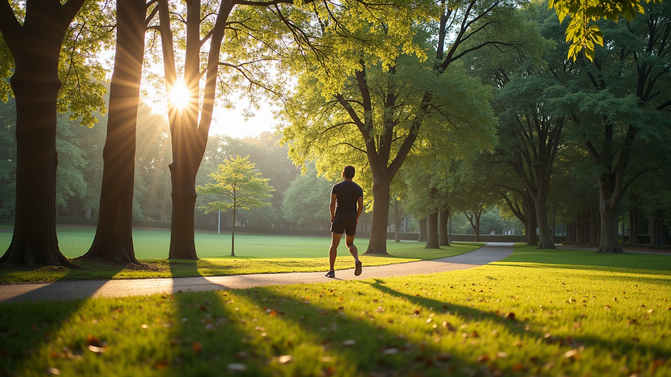Wide angle view of a serene park for outdoor workouts