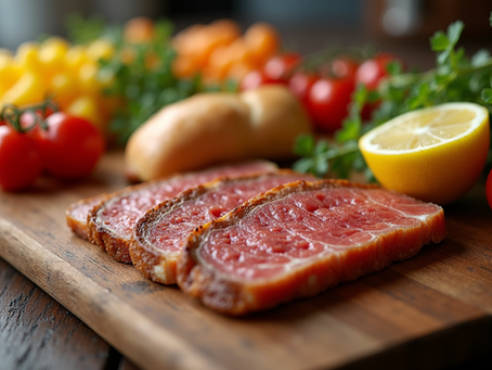 cutting board and on it is a sliced ribeye steak, vegetables, and a potato.
