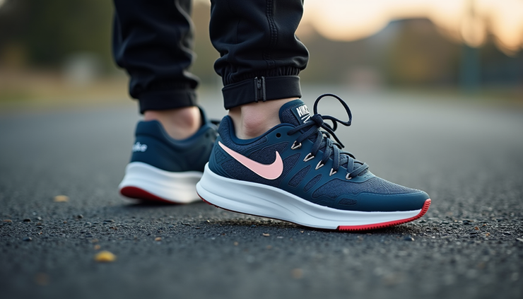 High angle view of Nike Revolution 8 running shoe on asphalt surface