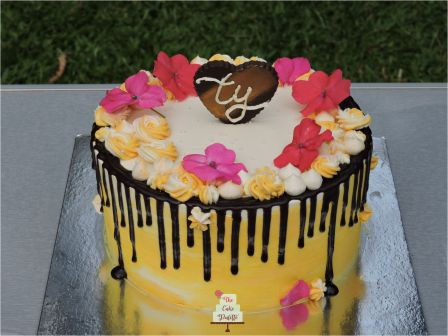Anniversary yellow watercolor drip fresh floral cake lonavala