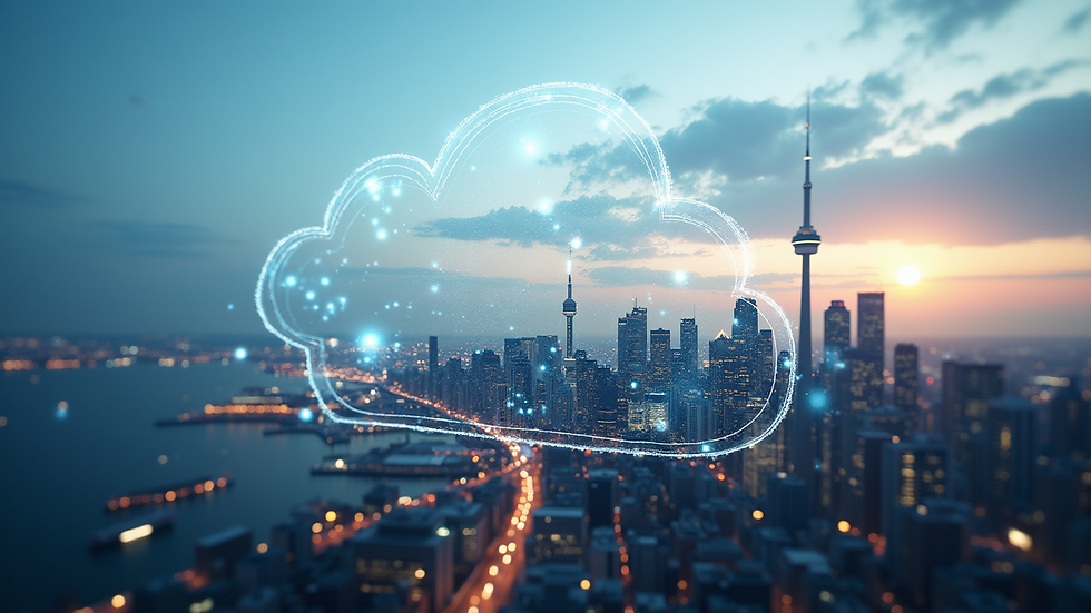 High angle view of a Toronto skyline with digital cloud icons overlay