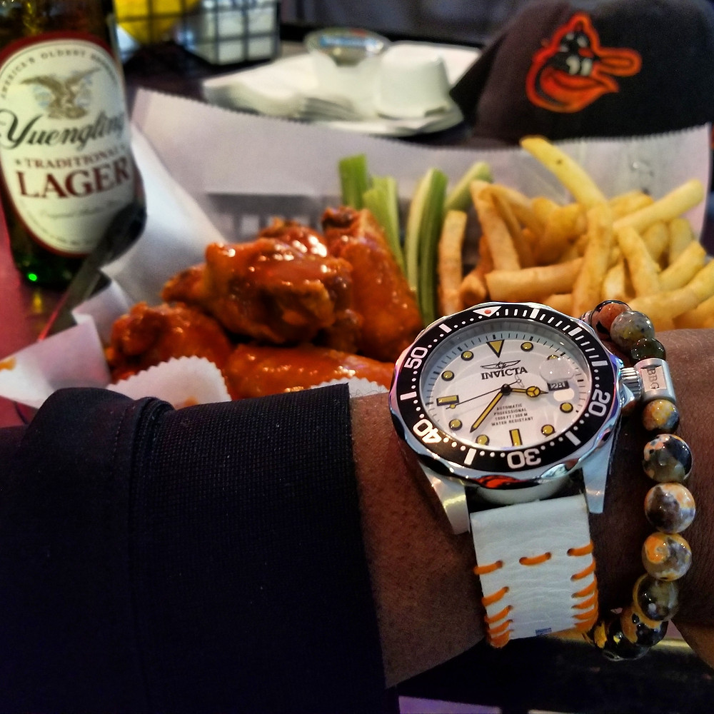 WOTD wrist-shot of the Invicta, "Creamsicle" Grand Diver, Automatic. Paired with a custom, beaded bracelet, designed by Beads By Gonzo.