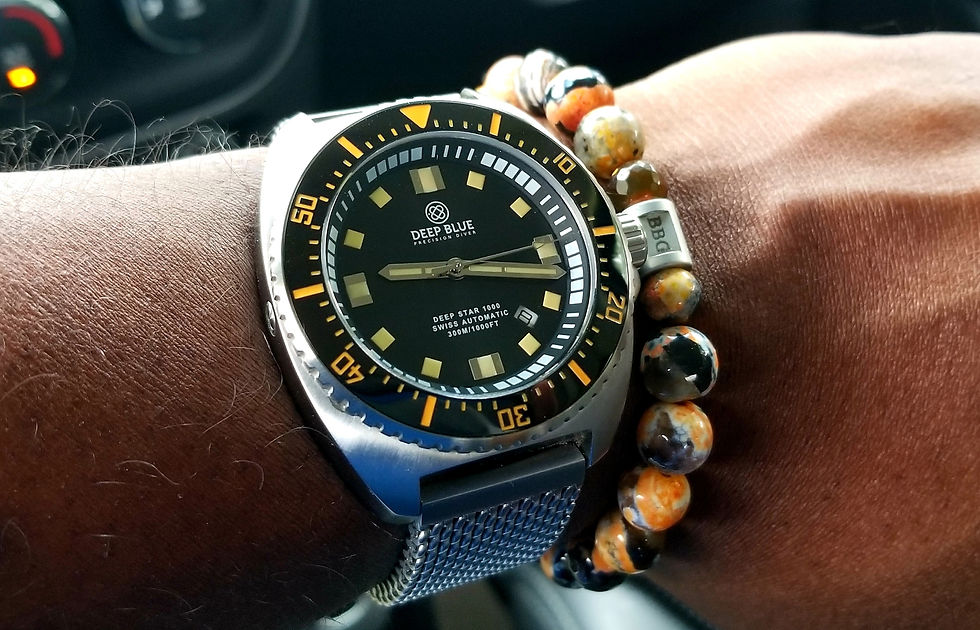 WOTD wrist shot showing the Deep Blue, Deep Star 1000 Diver, alongside Beads By Gonzo, custom-designed beaded bracelet.