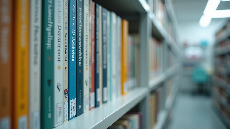 Close-up of pediatric dental textbooks on a shelf