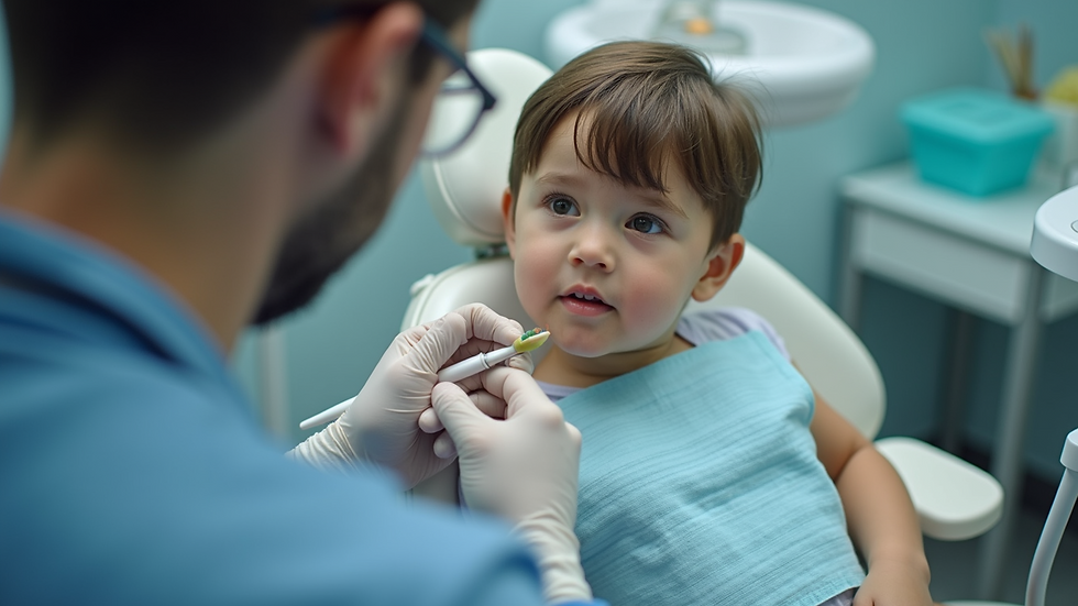 High angle view of a dentist discussing treatment with a child