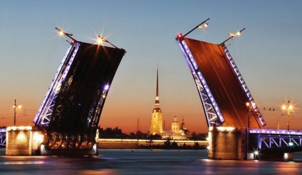 Drawbridge in St Petersburg at night