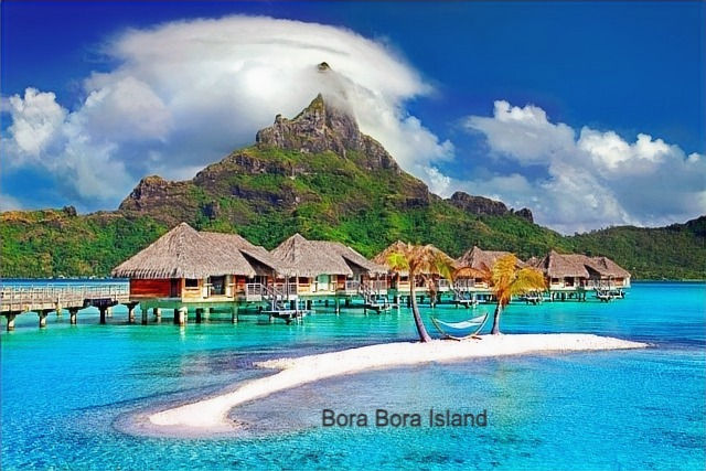 Bora Bora Island with crystal clear waters and overwater bungalows