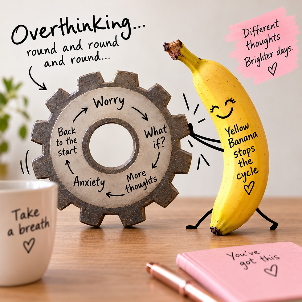 A cog representing a cycle of overthinking, a yellow banana to distract the mind in a focused setting at a desk.