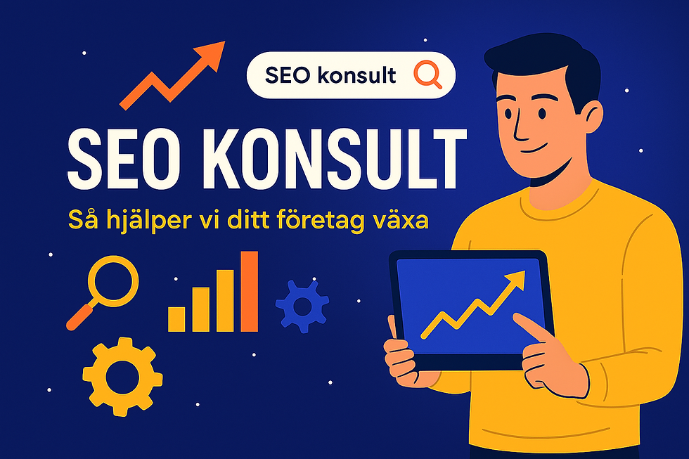Illustration med texten SEO konsult – Så hjälper vi ditt företag växa, tillsammans med en man som håller en surfplatta med stigande graf, ikoner för SEO som förstoringsglas, kugghjul och stapeldiagram.