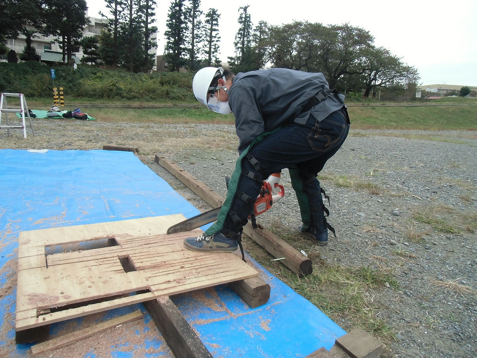 多摩川河川敷 チェーンソー訓練