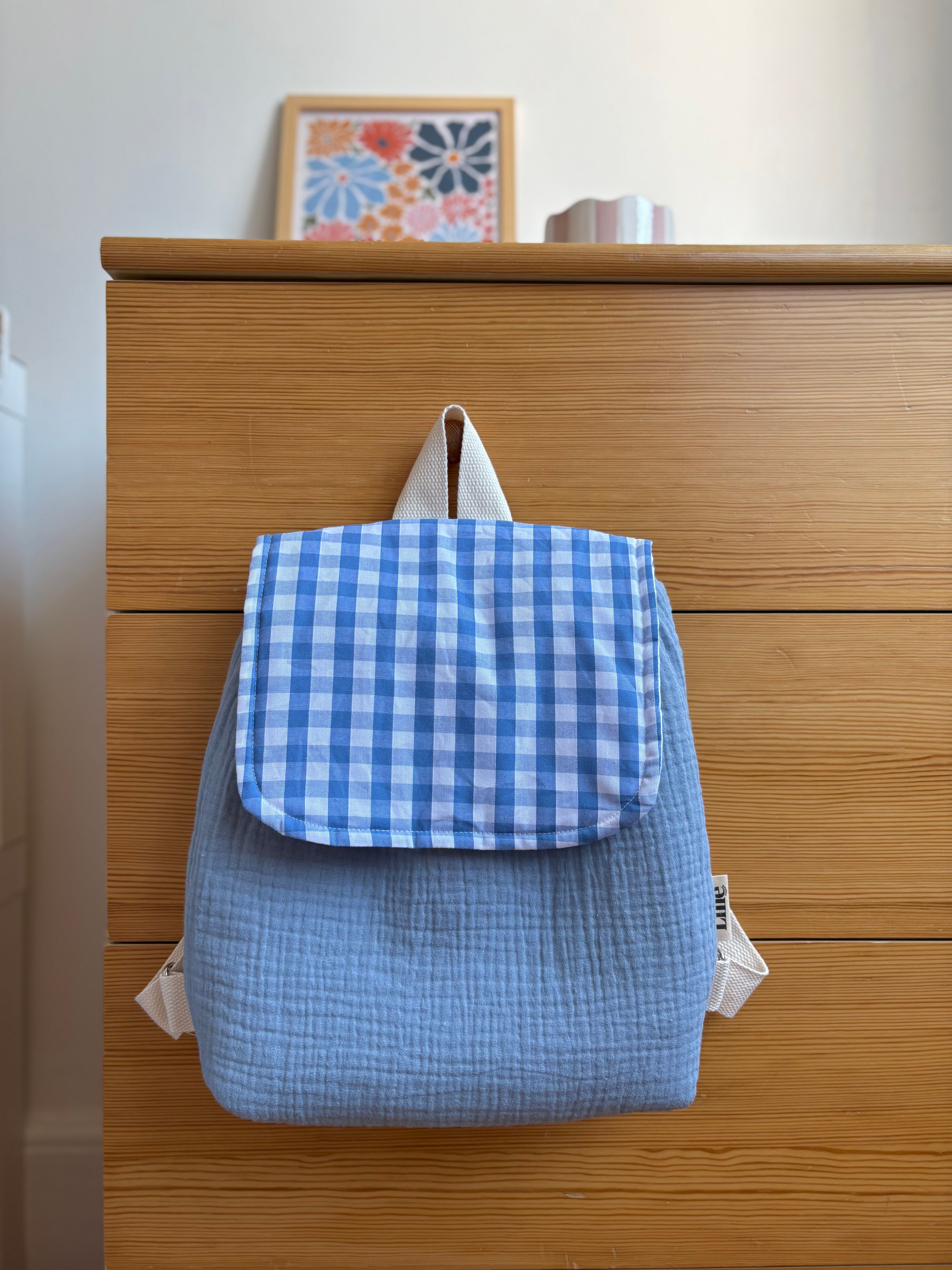 Sac à dos double gaze bleu ciel et vichy bleu ciel