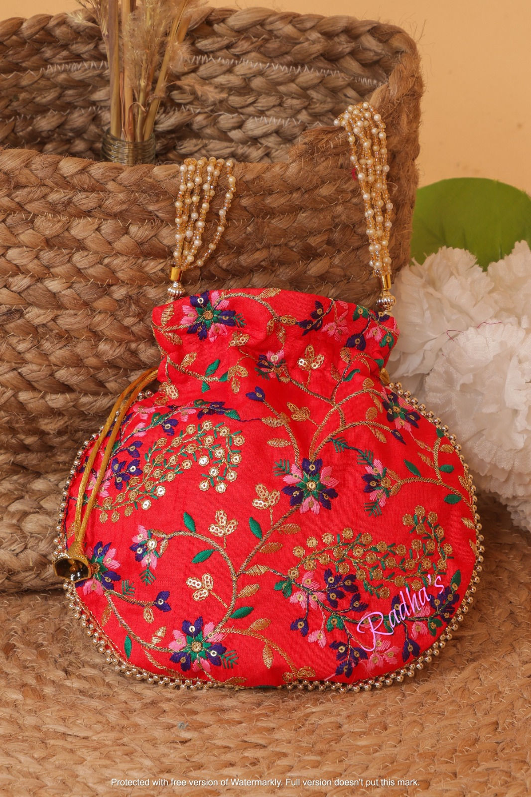 Women Designer Red Floral Thread Embroidery Silk Potli Bag with Pearl Handle