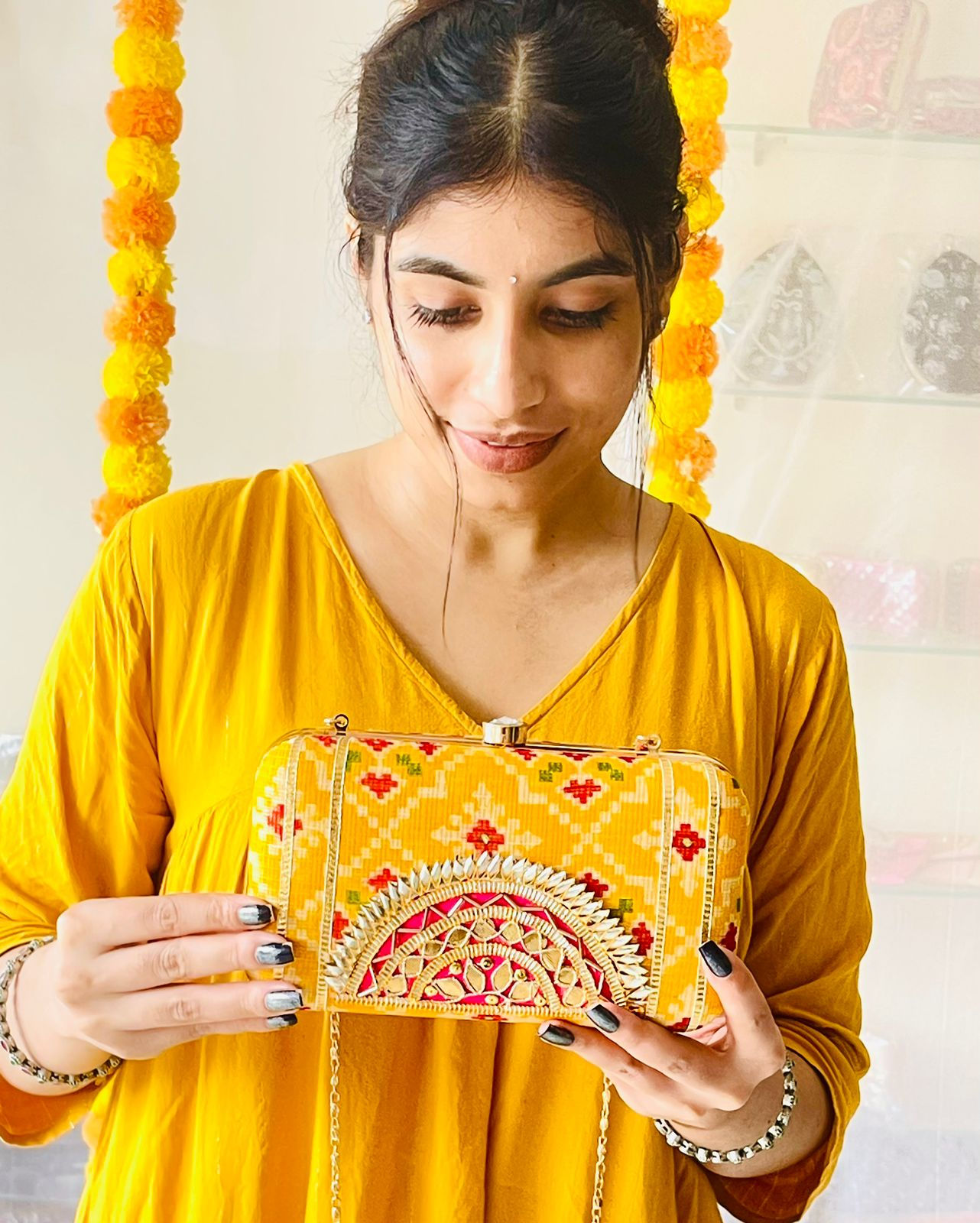 Women’s Gotta Patti Clutch Bag with Sling Chain, Ethnic Handcrafted Party bag