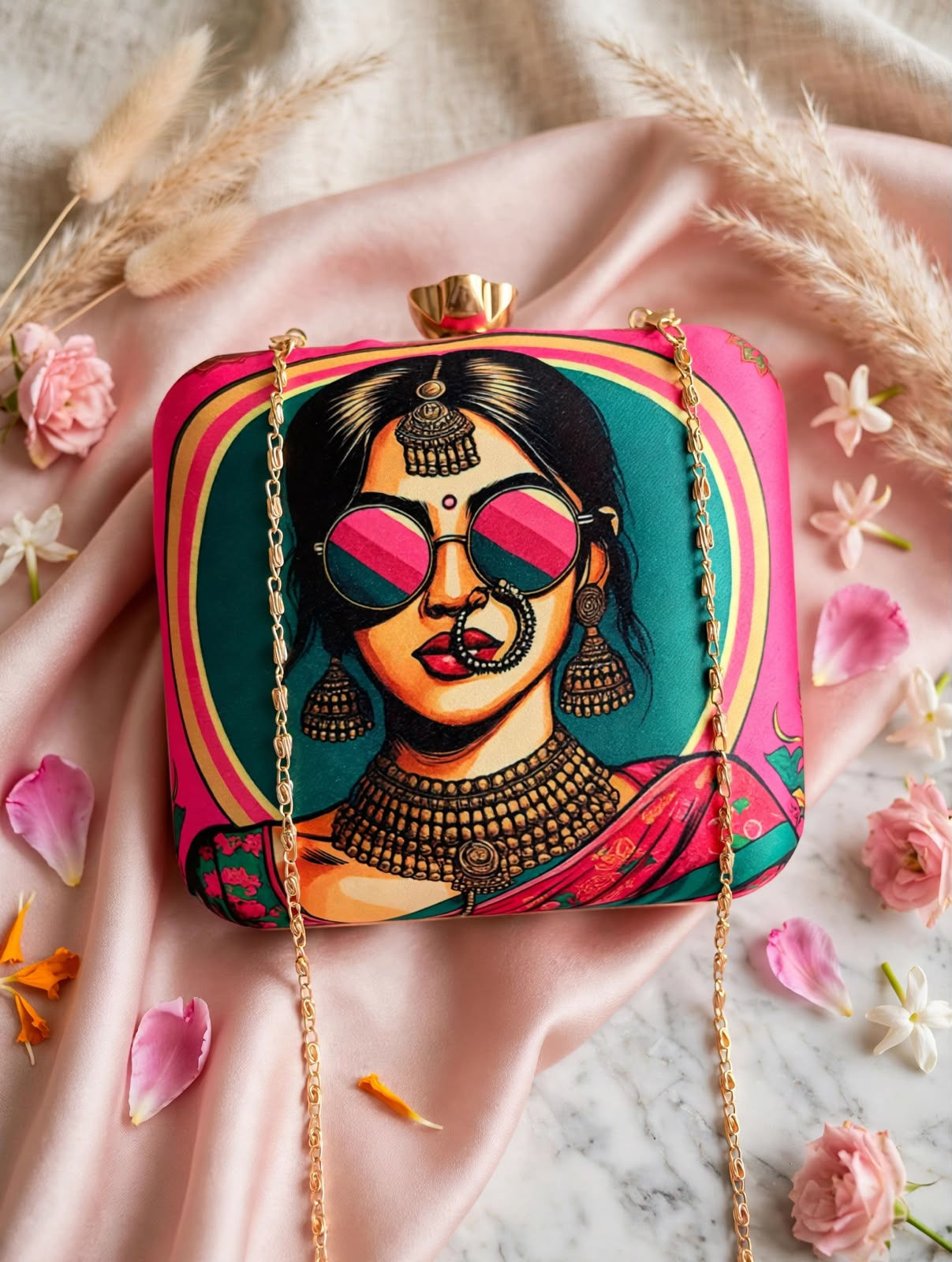 BYRA Traditional Women Art Printed Box Clutch Purse