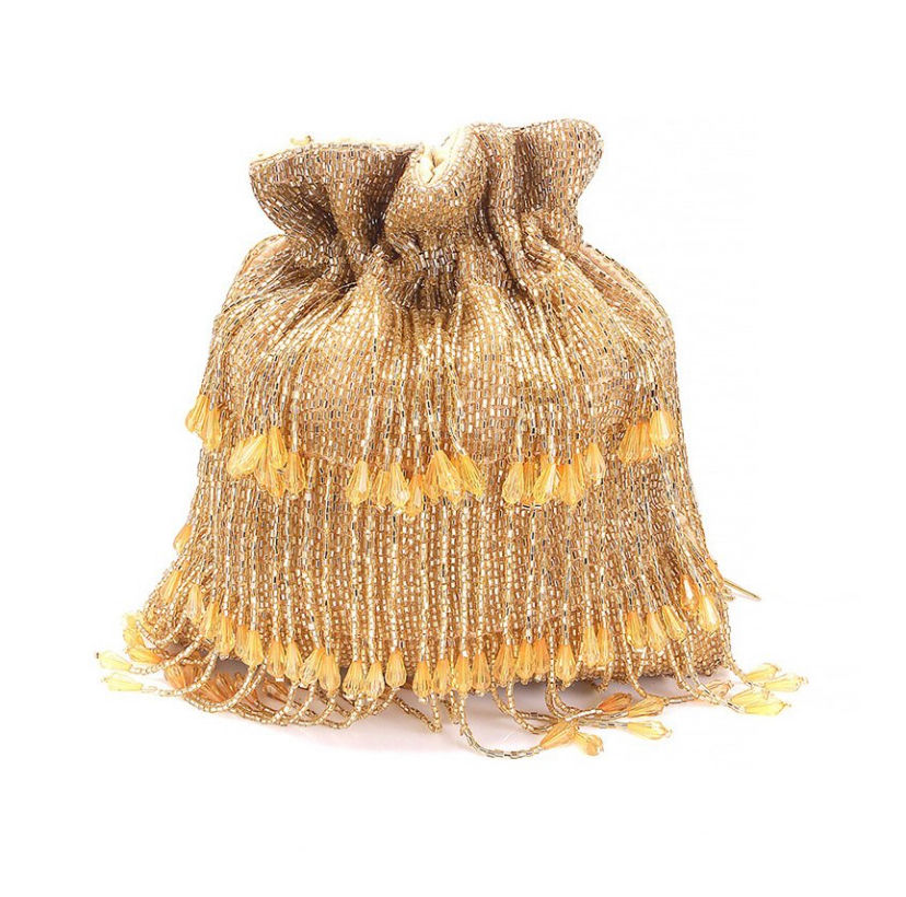 Thumbnail: Golden Tubelight Pearl Embedded Party Potli Bag