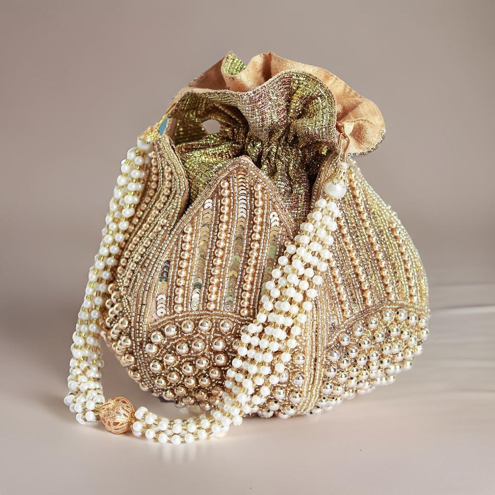 Thumbnail: Golden Pearl Embedded Lotus Potli Bag