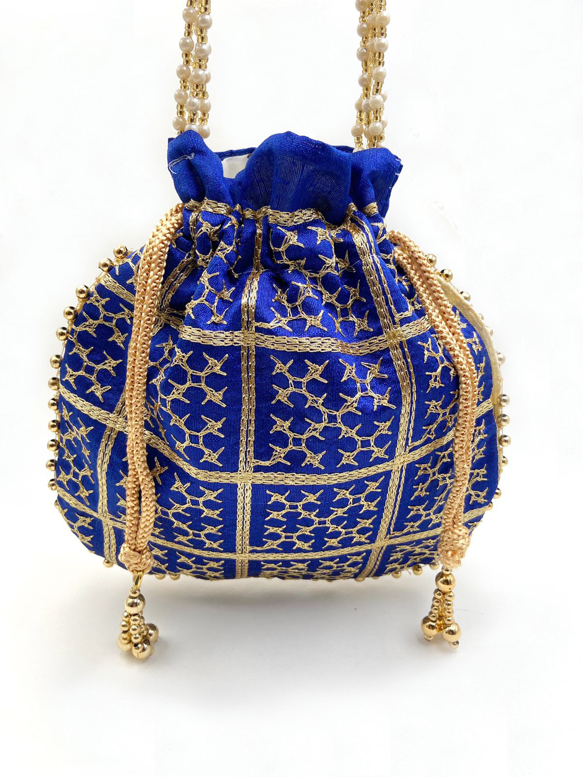 Women Royal Blue Ghatchola Embroidered Potli bags with Pearl handle and
