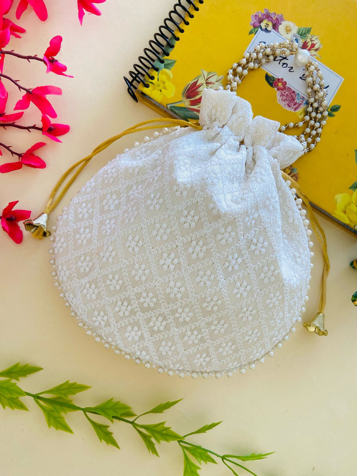 Women Lucknowi Chickenkari White Embroidered Potli Bags with Pearl handle