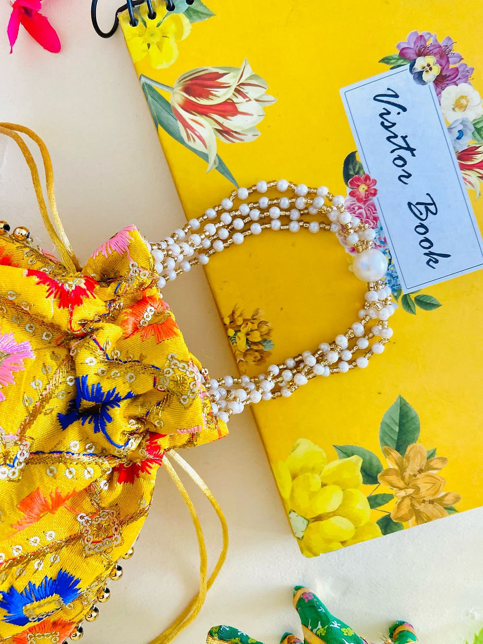 Thumbnail: Women Yellow Box Embroidered Designer Potli Bags with Pearl Handle and latkan