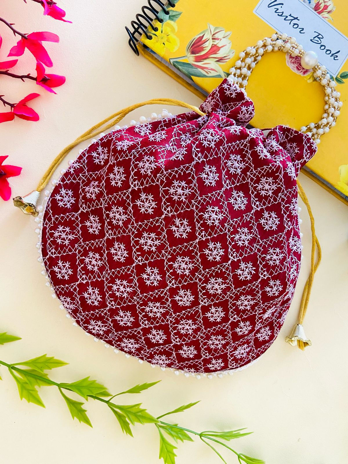 Women Lucknowi Chickenkari Maroon Embroidered Potli Bags with Pearl handle