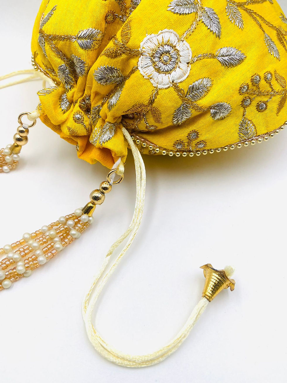 Thumbnail: Women Yellow Floral Thread Embroidered Potli Bag for all occasion